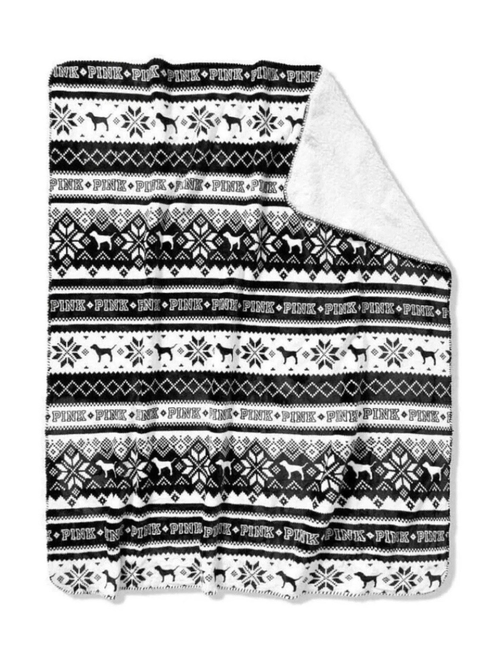 PINK Victoria's Secret Black & White Fair Isle Sherpa Throw
